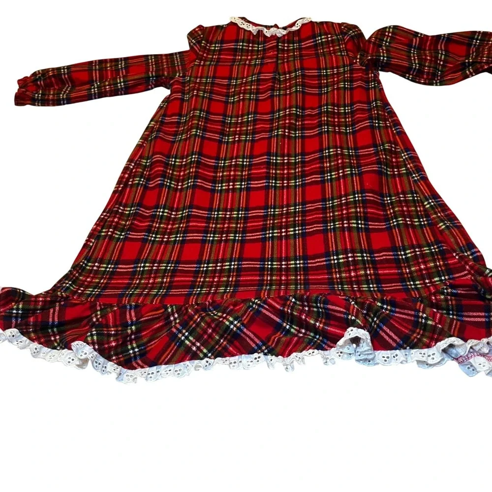 Kids Size 4T Red Plaid Nightgown Long Sleeve Lace Trim Ruffle Sleepwear